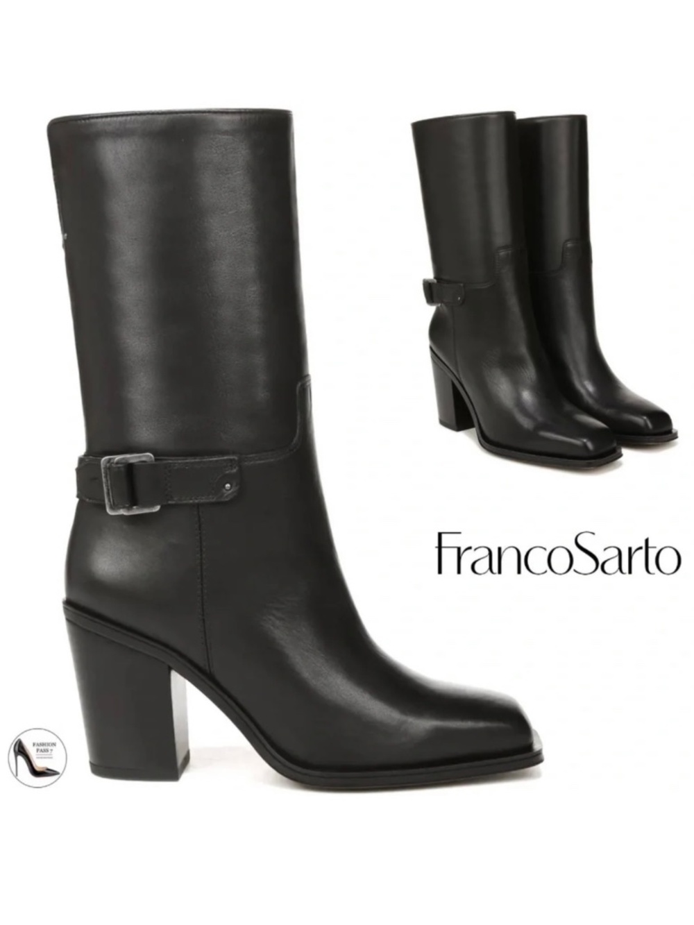 Franco Sarto Women's Vance Black leather Square Toe Mid Calf Block Heel Boots